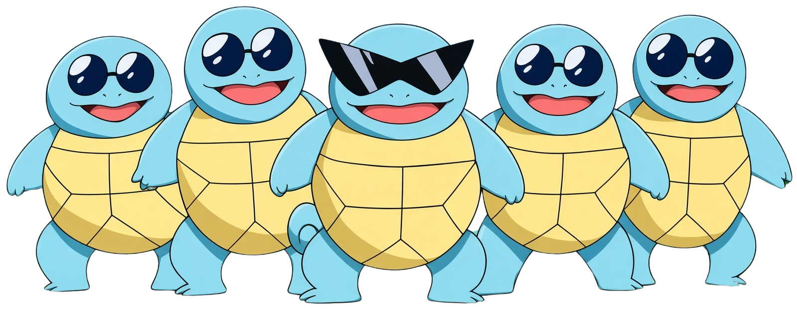 The OG Squirtle Squad — five Squirtles standing together